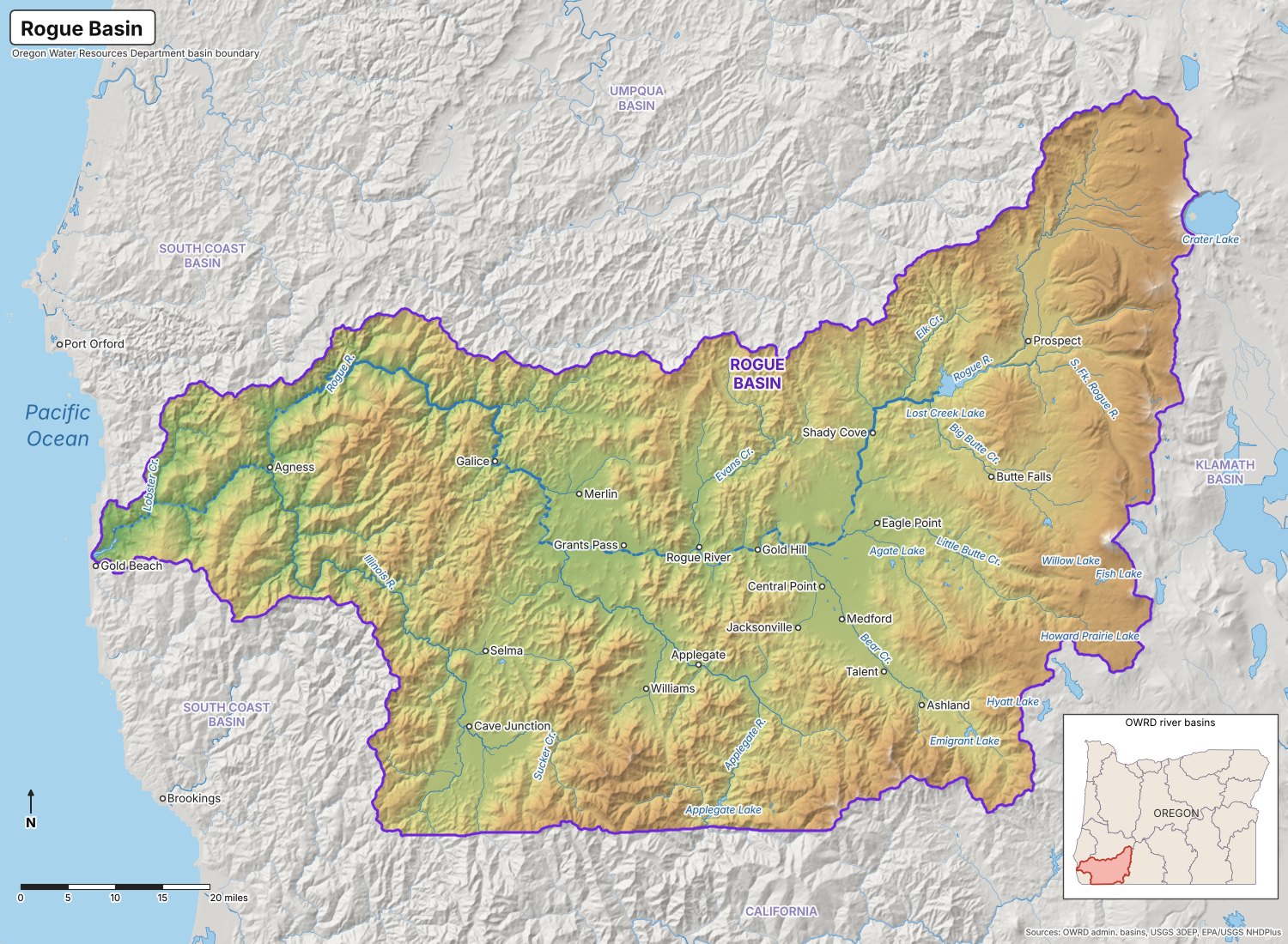 Shaded-relief map of Oregon's Rogue Basin (Oregon Water Resources Department boundary) showing the Rogue, Illinois and Applegate rivers, Bear Creek, major towns and reservoirs