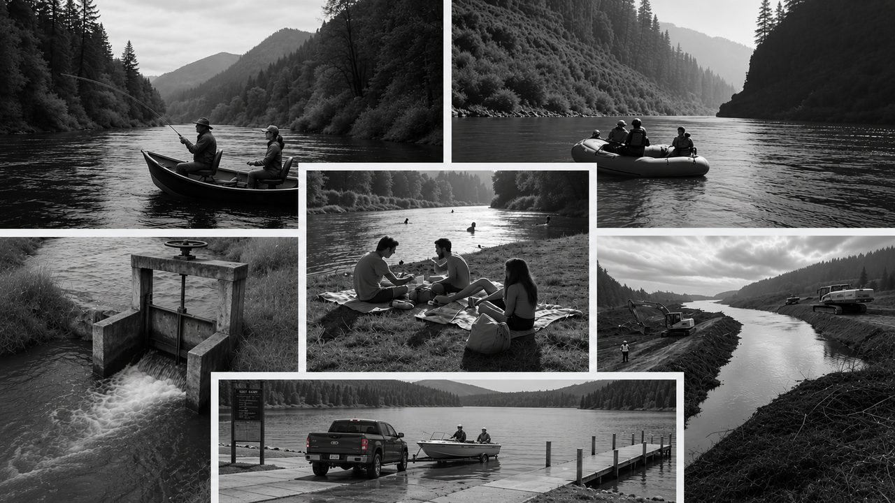 Collage of Rogue River basin activities the historical flow record can help plan around: fly fishing from a drift boat, whitewater rafting, swimming and picnicking along the riverbank, a water diversion headgate, in-stream excavation work near a river channel, and launching a boat from a lake boat ramp.