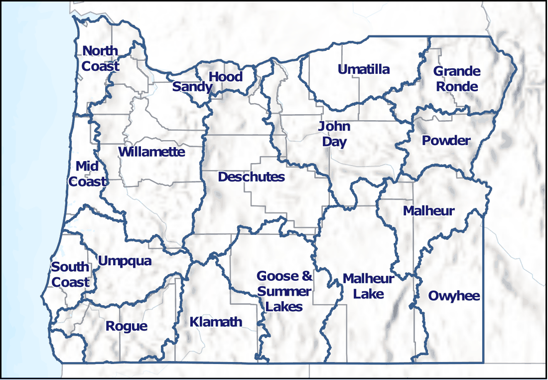 Map of Oregon showing its river drainage basins: North Coast, Sandy, Hood, Umatilla, Grande Ronde, Willamette, Mid Coast, Deschutes, John Day, Powder, South Coast, Umpqua, Rogue, Klamath, Goose & Summer Lakes, Malheur Lake, Malheur, and Owyhee.